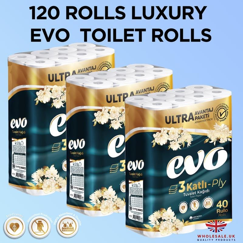 120x Luxury Evo Toilet Rolls 3ply, Ultra Advantage Pack, Degradable and Recyclable Wipes Set Pack Disposable